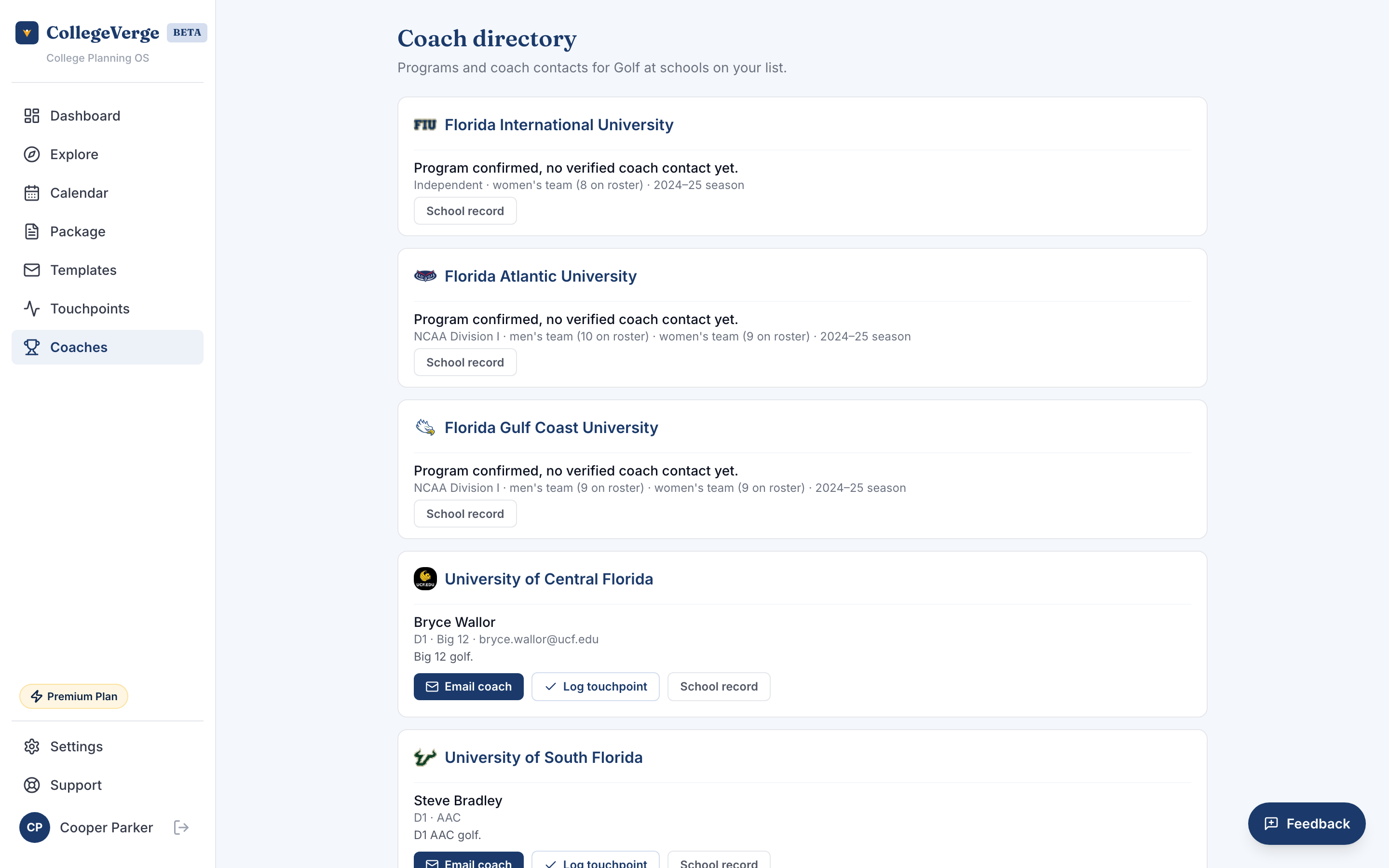 The Athletics view listing schools with expandable coach cards showing name, role, email, phone, division, conference, and roster needs.