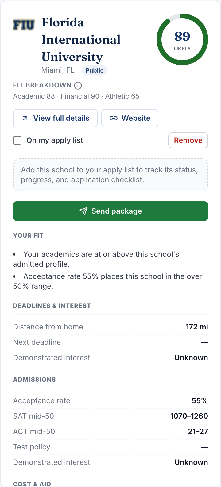 A school opened on the Dashboard, with its detail panel sliding in from the right to show admissions data, costs, deadlines, and the application checklist.