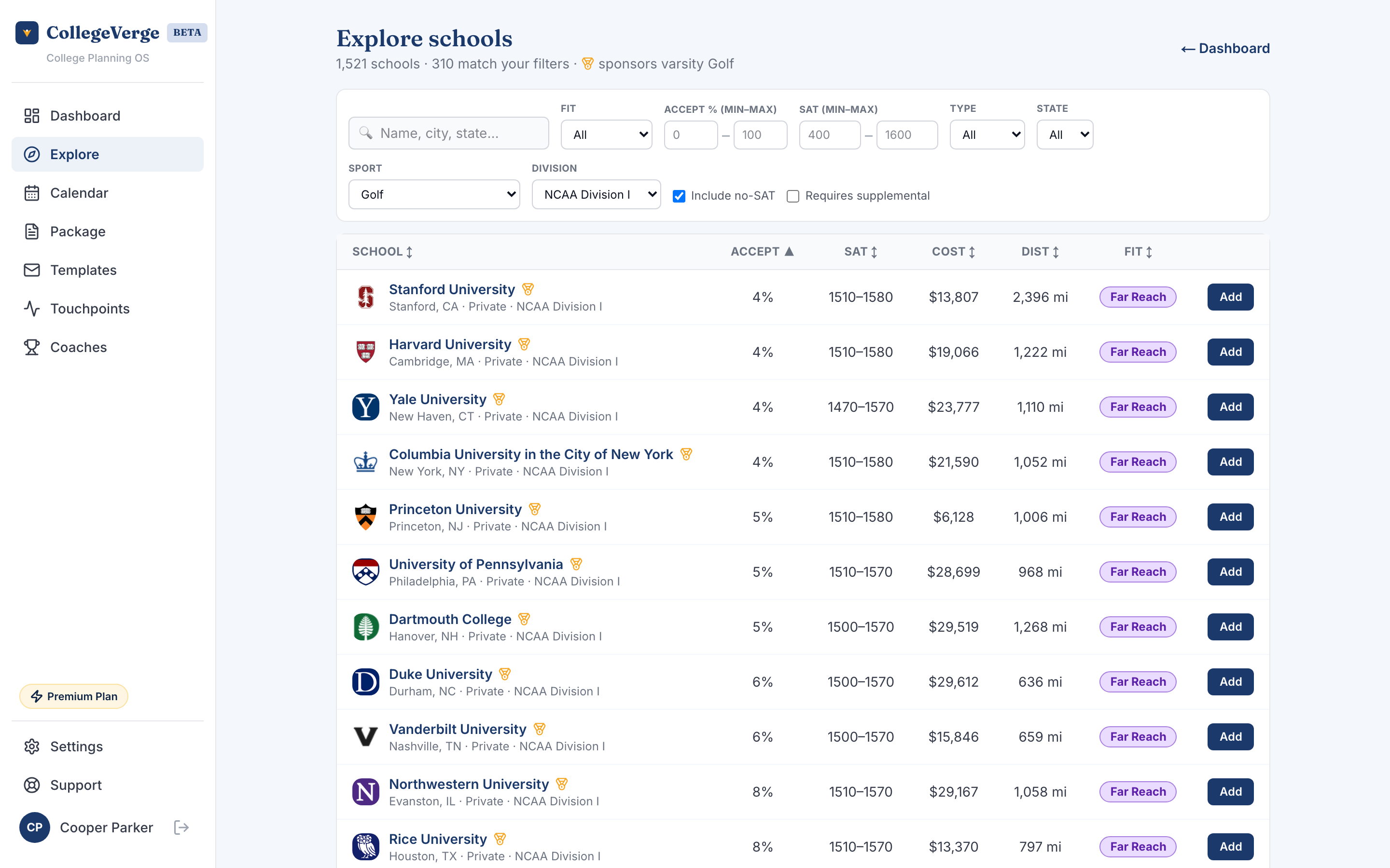 Explore with the Sport and Division filters set, and a gold medal marker beside schools that sponsor the athlete's sport.