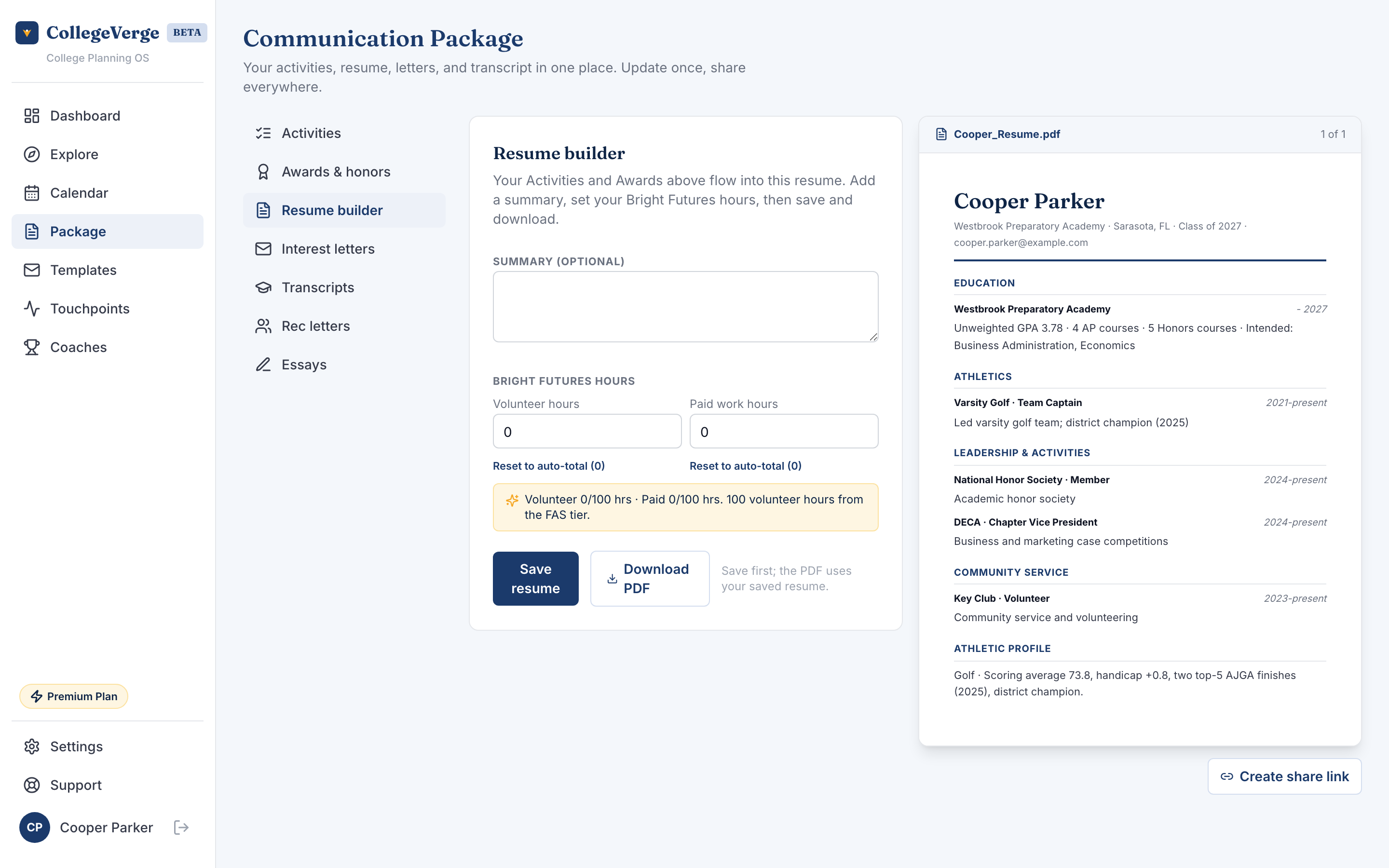 The Resume builder section of the Package, with a header showing name, graduation year, GPA, intended majors, and AP or IB counts, followed by summary, activities, awards, and skills.