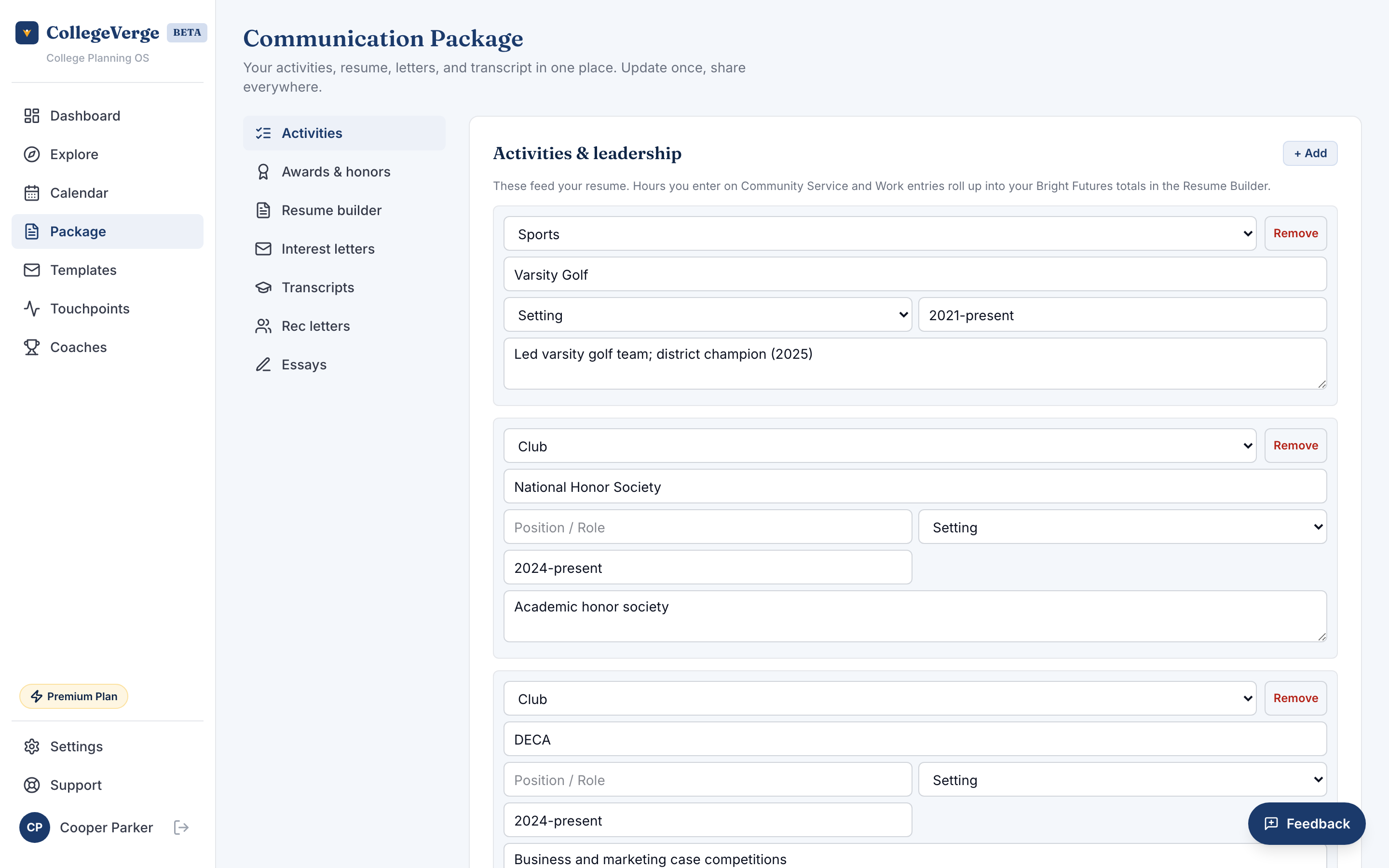 The Package view showing the student header, resume section, and per school email blocks with a Download as PDF button.