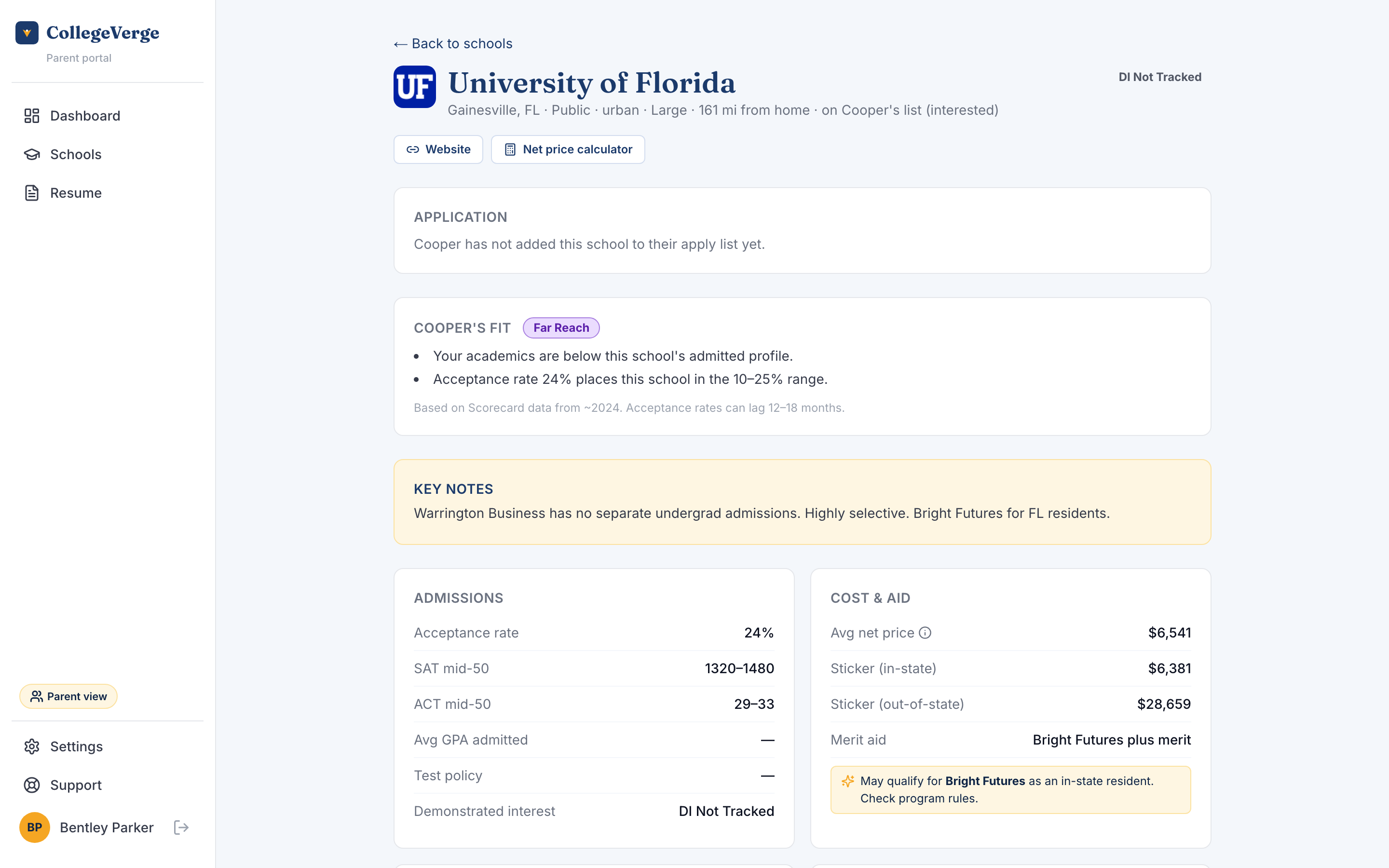 A read-only college record with the school profile, fit badge, application summary, deadlines, and external links.