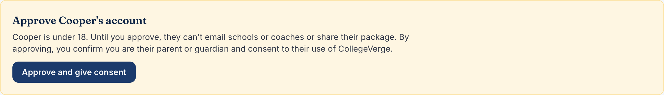 The parent dashboard approval block for an under-18 student, with an Approve and give consent button.