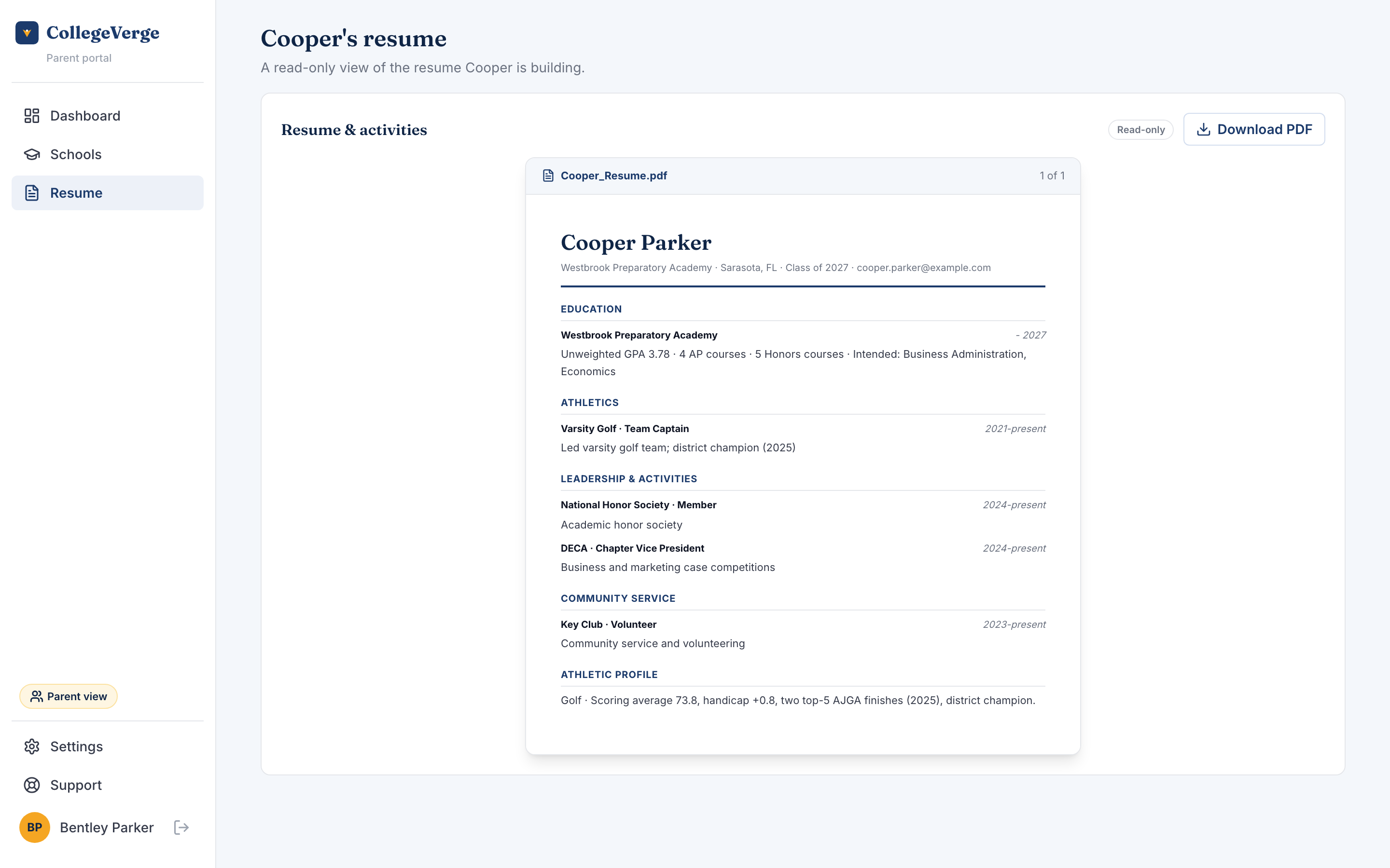 The parent resume page showing a formatted resume preview with a read-only badge and a Download PDF button.