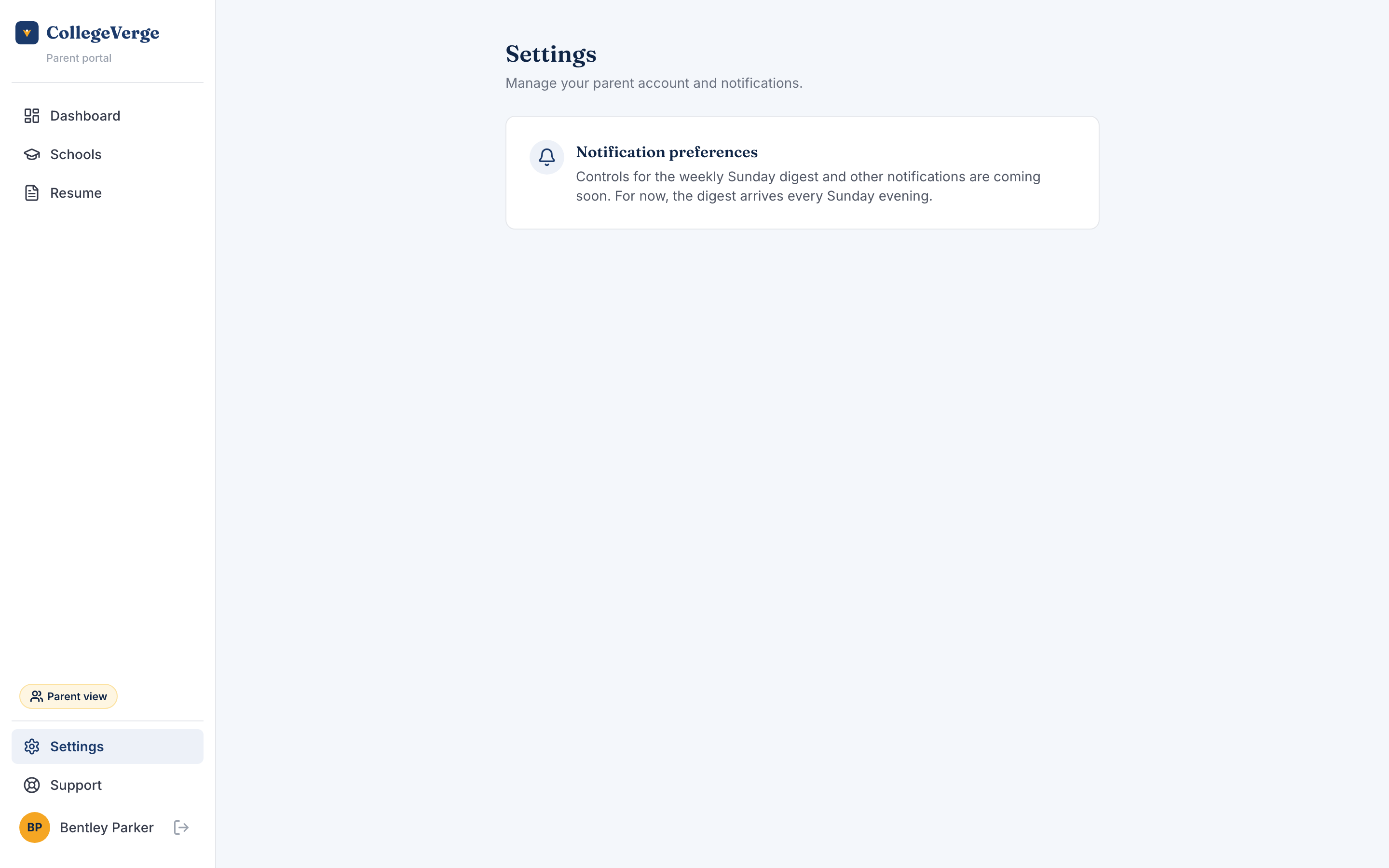 The parent settings page with a notification preferences card describing the weekly Sunday digest.