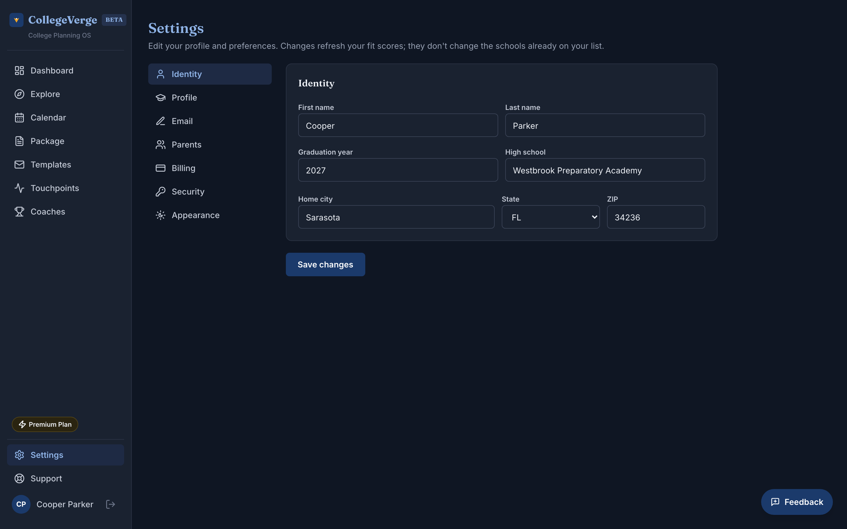The Settings screen in dark mode.