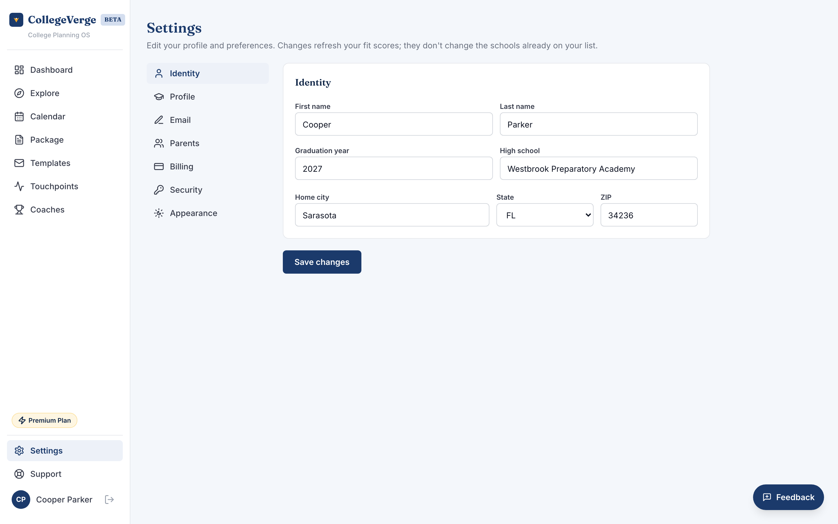 The Settings screen with tabs for profile, preferences, athletics, family, and billing.