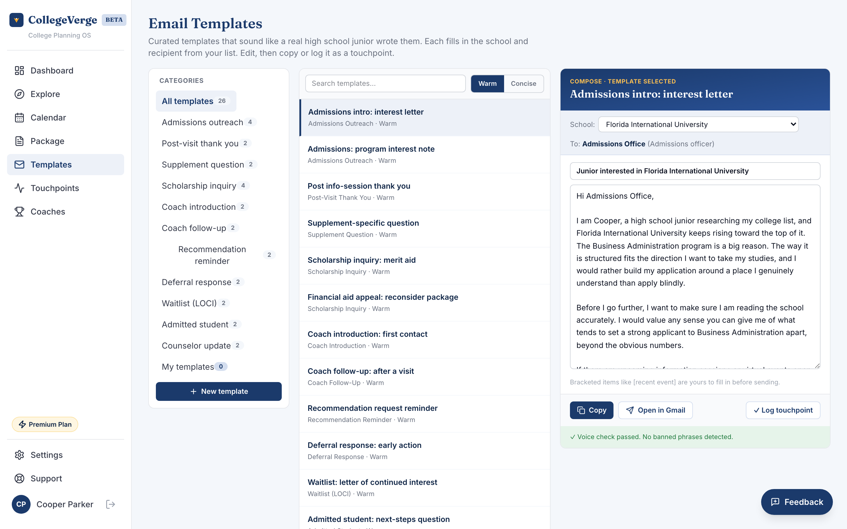 The Templates view with a category selector, a school picker, and a composer showing a personalized email.